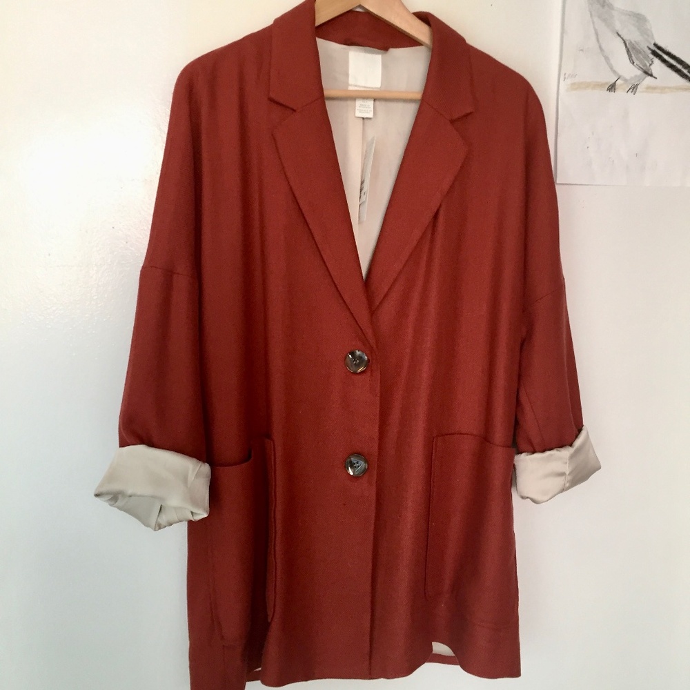 NWT H&M Linen-blend Jacket, Size US S, oversized, long-sleeve, rusty red
